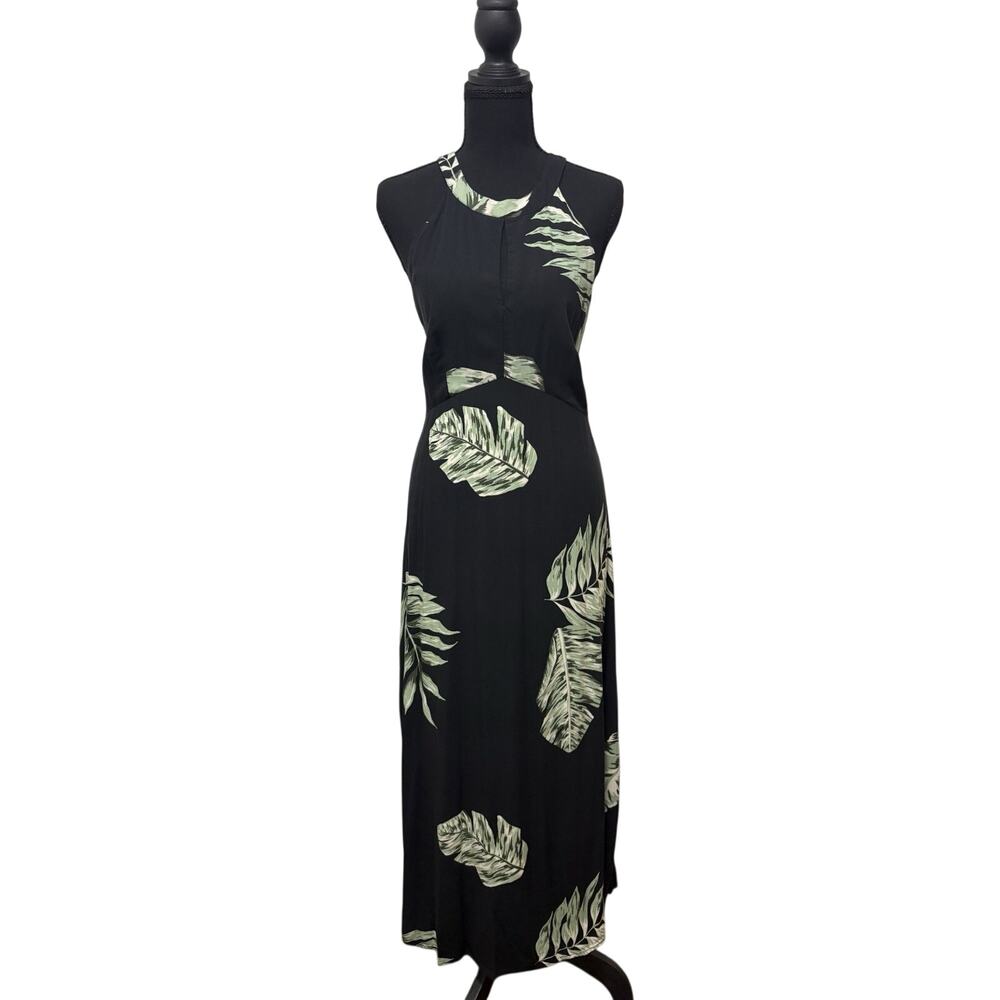 Ann Taylor Factory Black Green Tropical Leaf Maxi Dress Keyhole Sleeveless 12